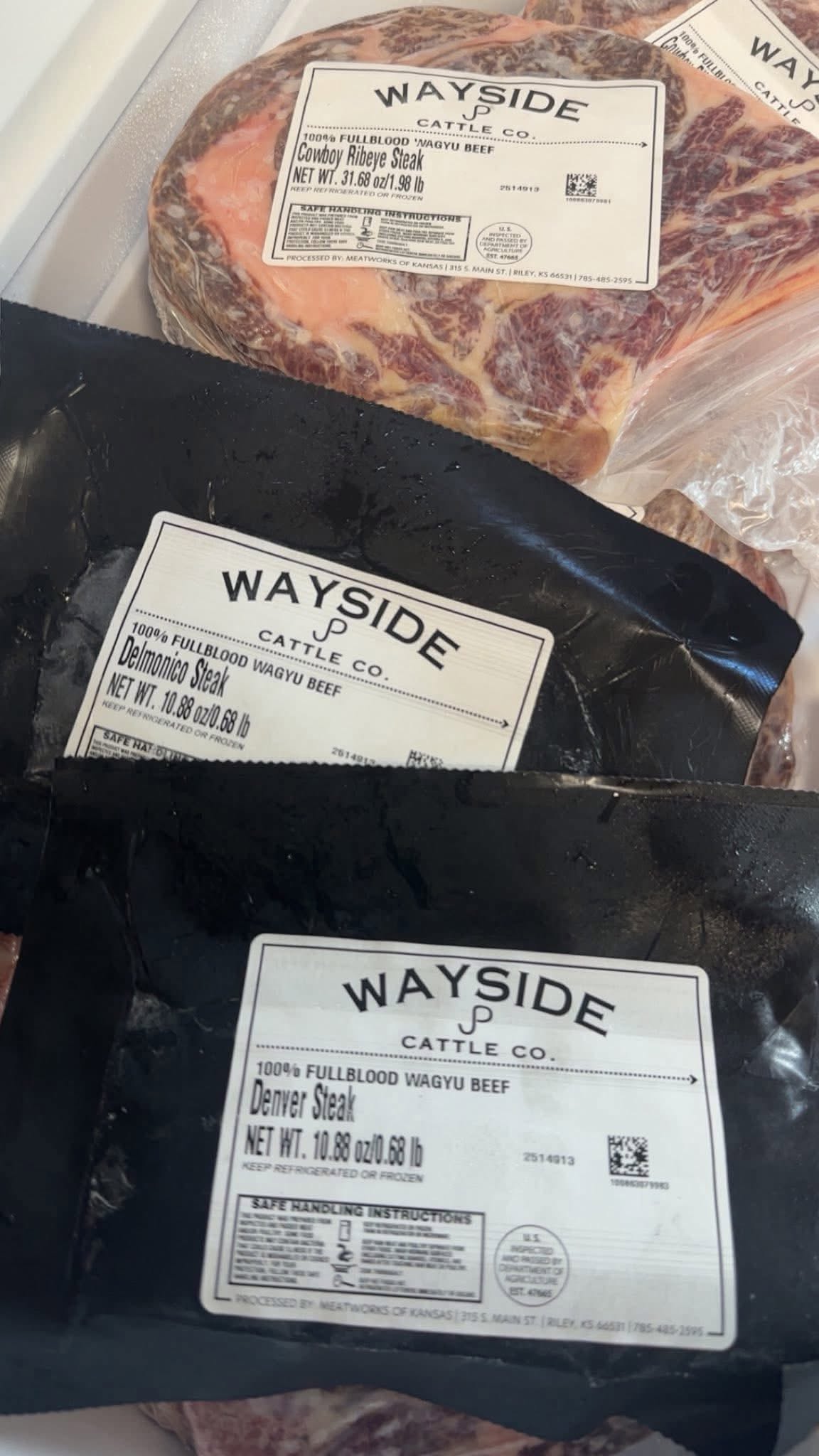 Vacuum-sealed Wayside Cattle Co. Wagyu steak packages